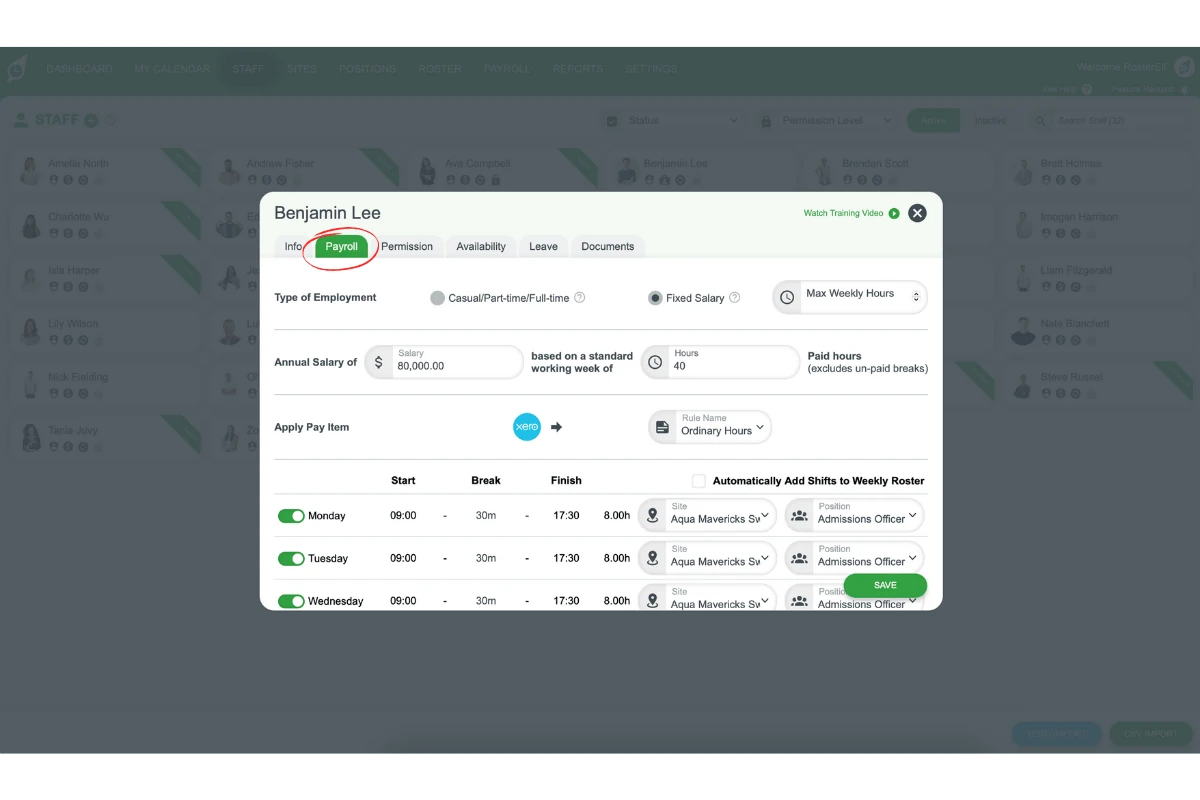 Screenshot highlighting the payroll tab for a selected staff member.