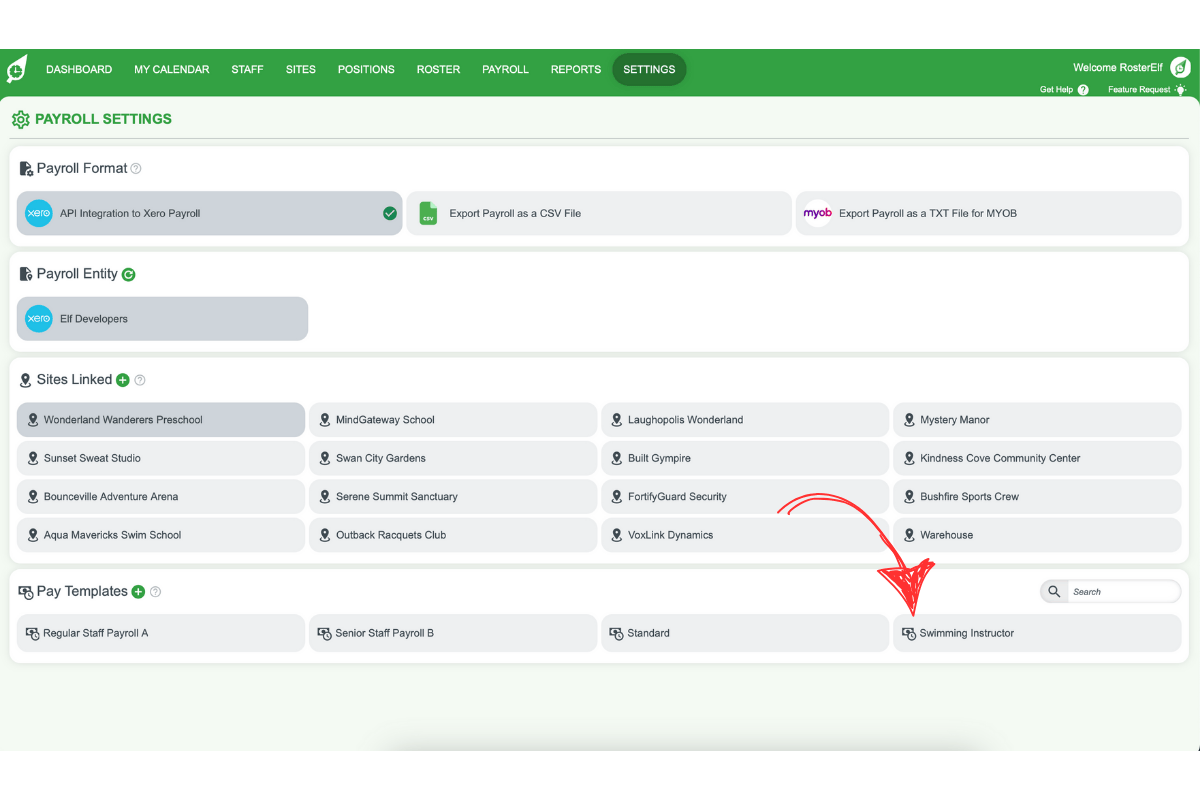 Screenshot showing the Pay Template section under Payroll settings.