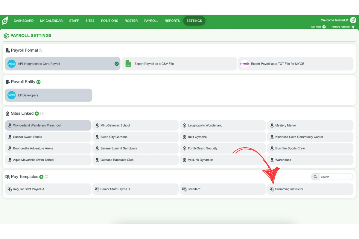 Screenshot showing the Pay Template section under Payroll settings.
