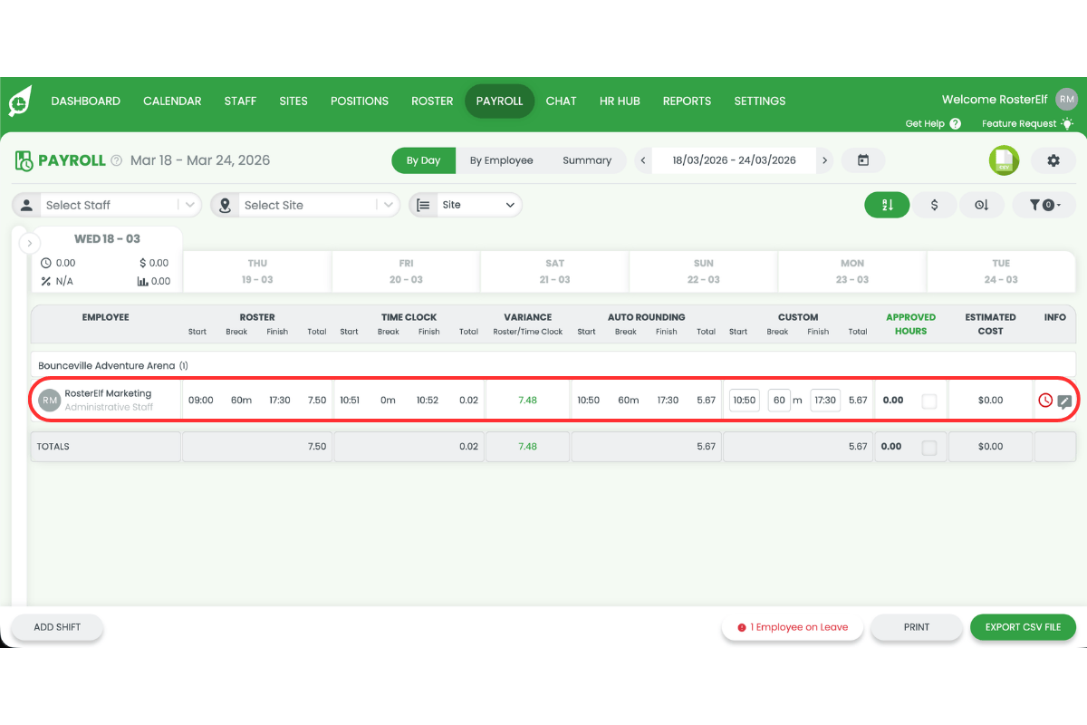 RosterElf Payroll section showing a list of shifts with an employee submitted timesheet highlighted