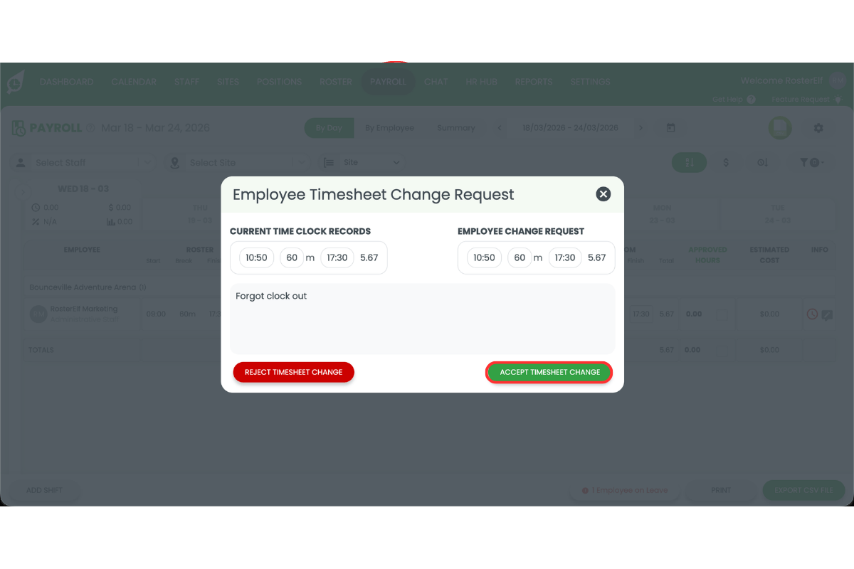 RosterElf submitted timesheet modal with the Accept button highlighted to approve the timesheet change