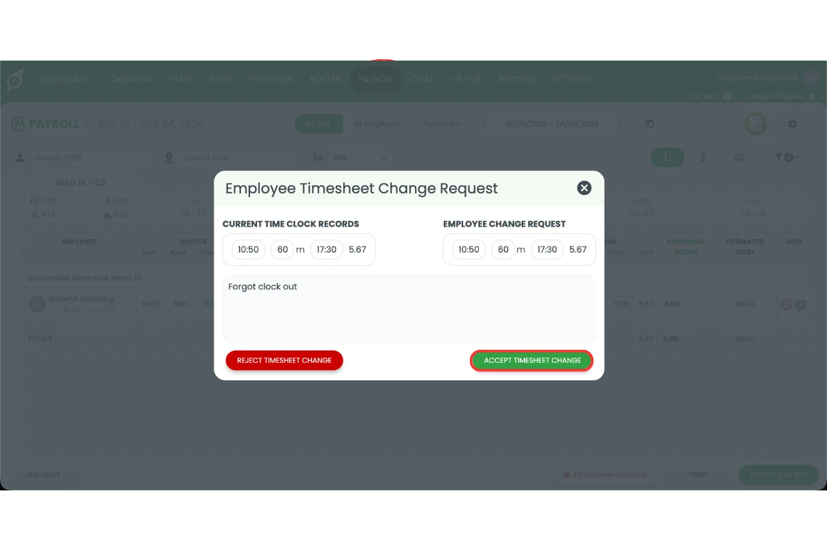 RosterElf submitted timesheet modal with the Accept button highlighted to approve the timesheet change