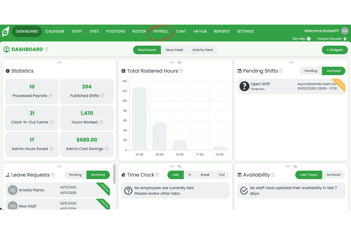 RosterElf main navigation with the Payroll tab highlighted