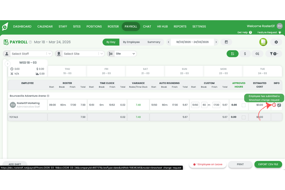 RosterElf Payroll shift row with the timesheet icon highlighted to open the submitted timesheet