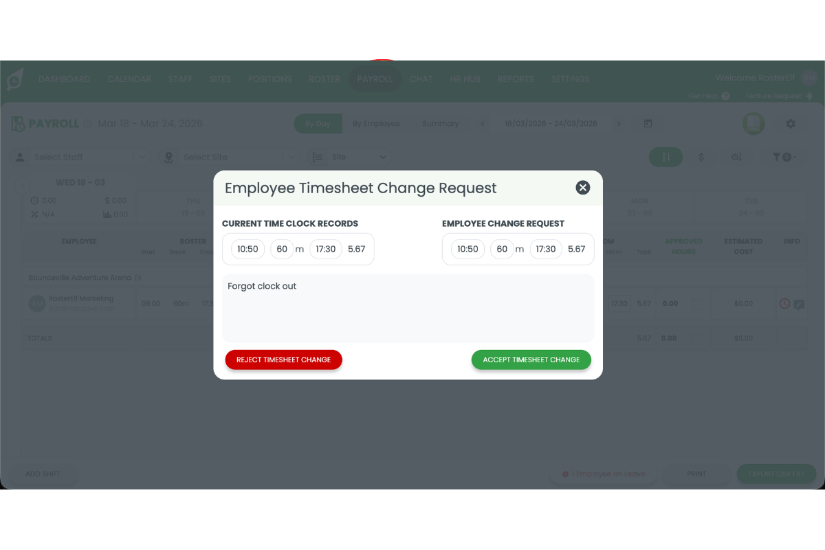 RosterElf submitted timesheet modal showing the employee's proposed hours and original rostered hours side by side