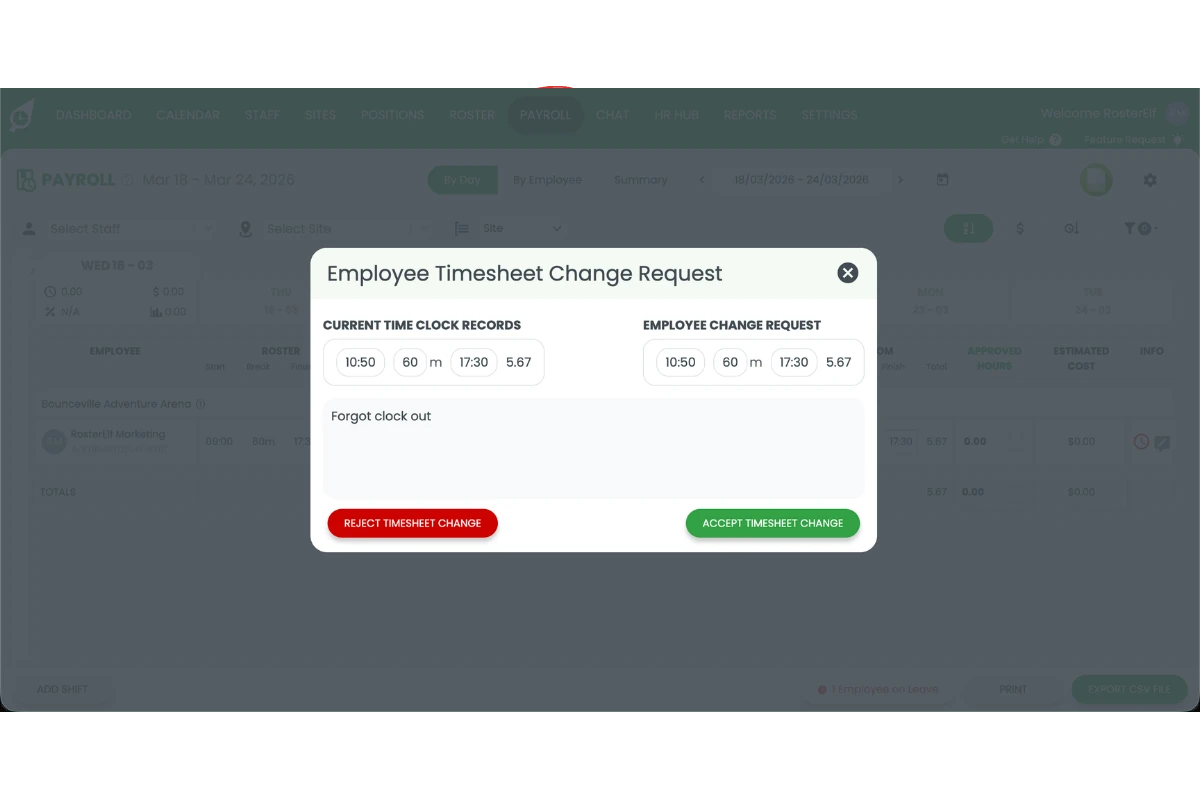 RosterElf submitted timesheet modal showing the employee's proposed hours and the original rostered hours side by side