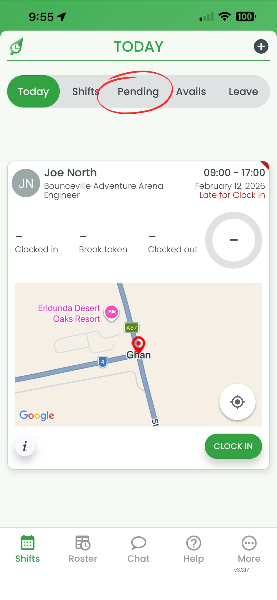 Screenshot showing Pending tab option in RosterElf mobile app with Today screen visible
