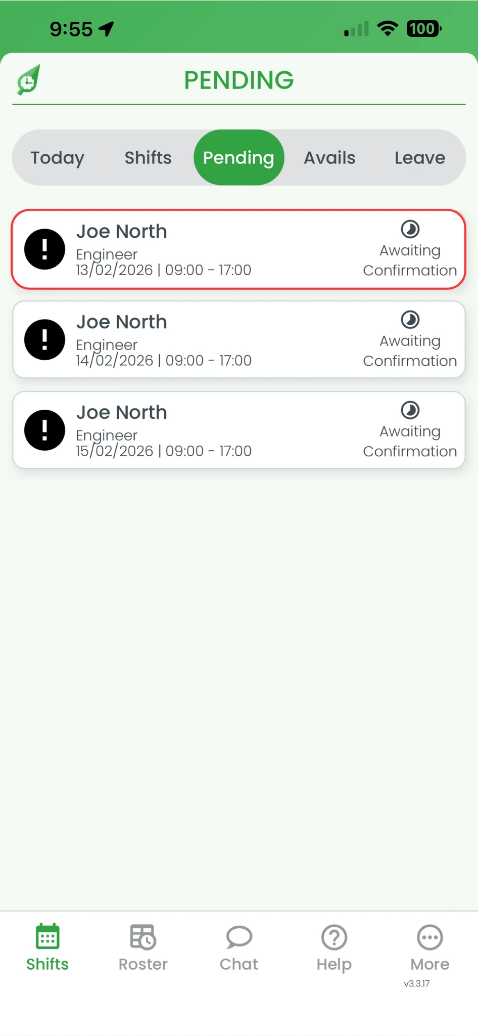 Screenshot of pending shifts list showing shifts requiring confirmation in RosterElf app