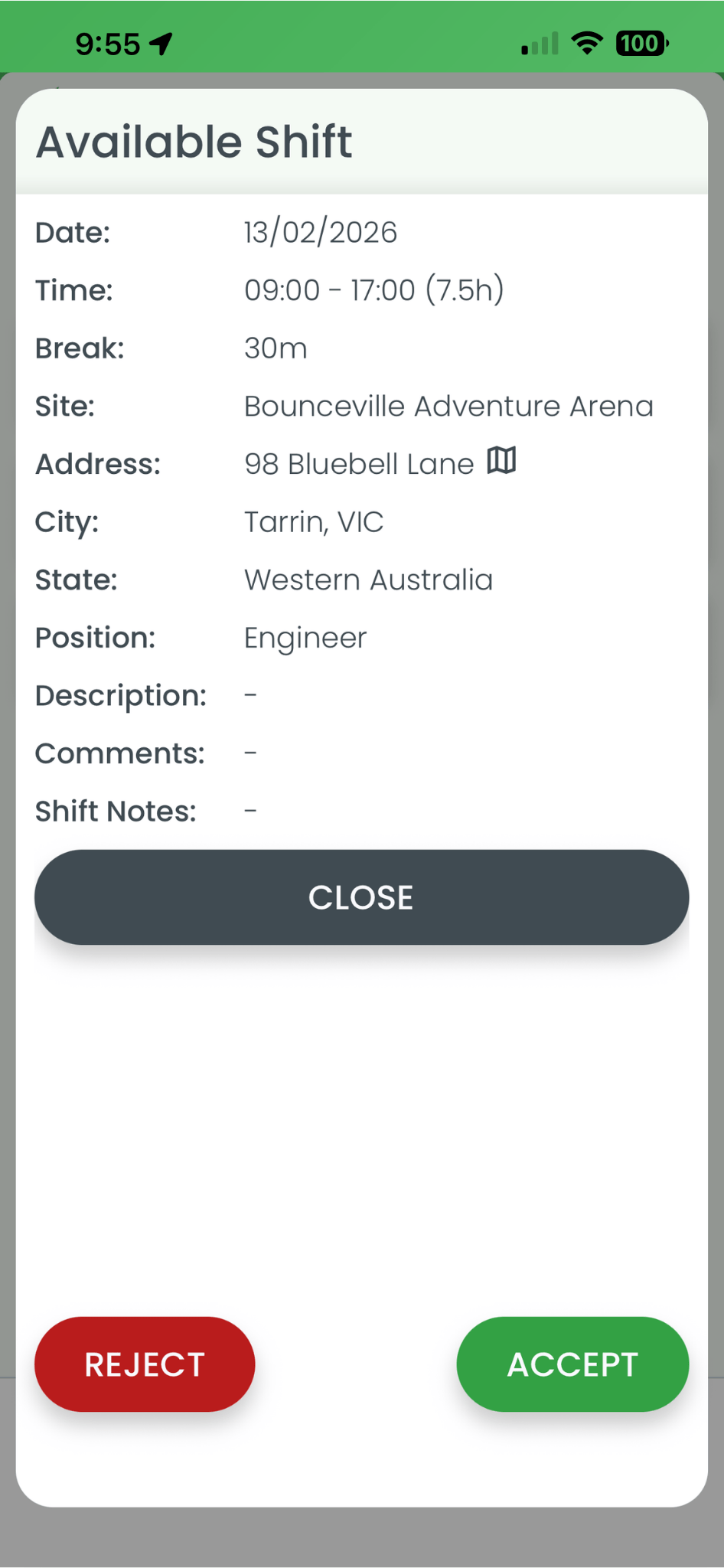 Screenshot of shift details screen showing date, time, and location in RosterElf mobile app