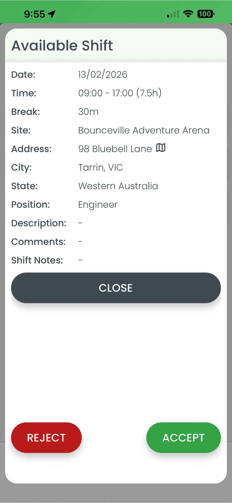Screenshot of shift details screen showing date, time, and location in RosterElf mobile app