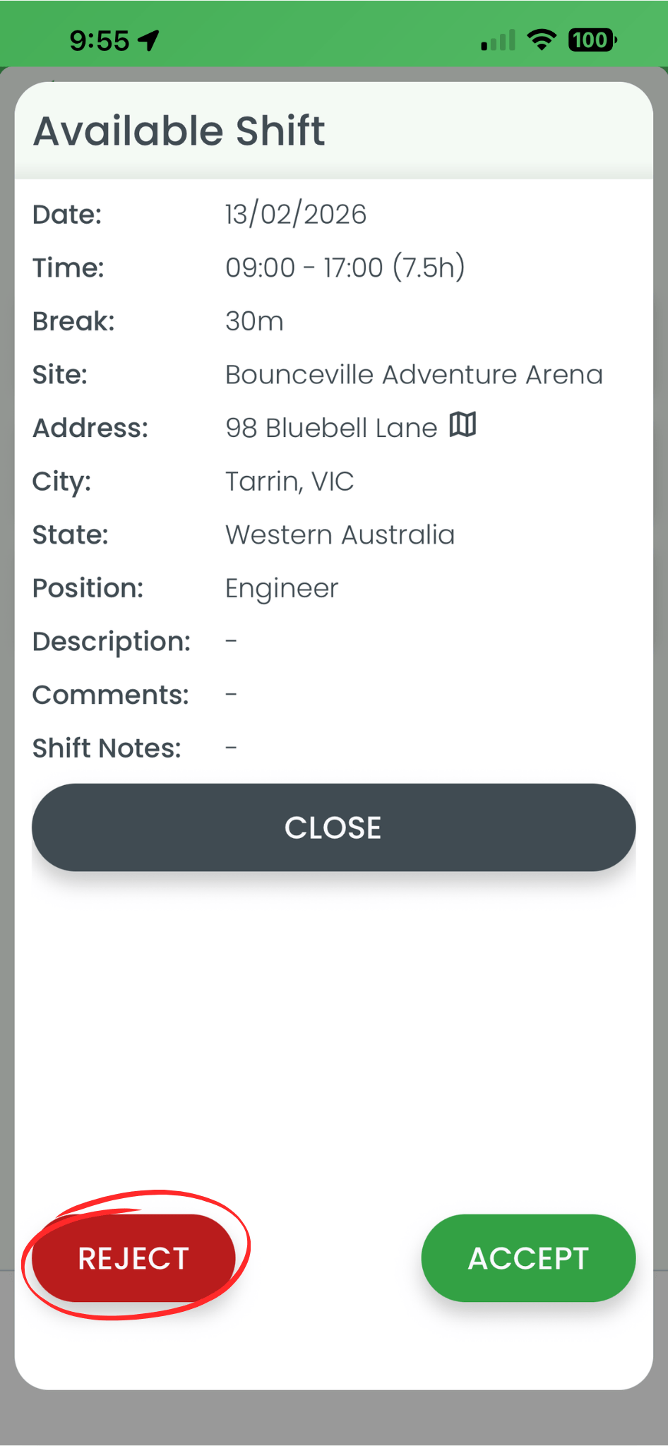 Screenshot of confirmation button to finalise shift acceptance in RosterElf mobile app