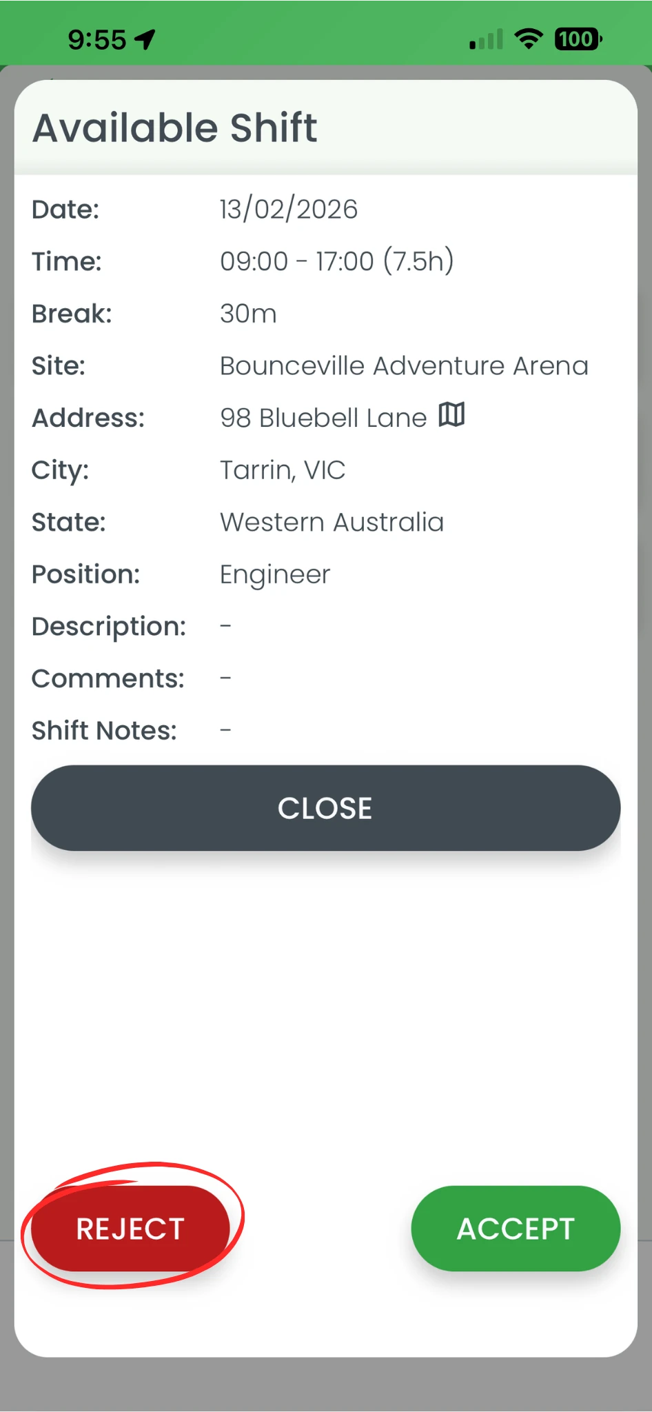 Screenshot of confirmation button to finalise shift acceptance in RosterElf mobile app