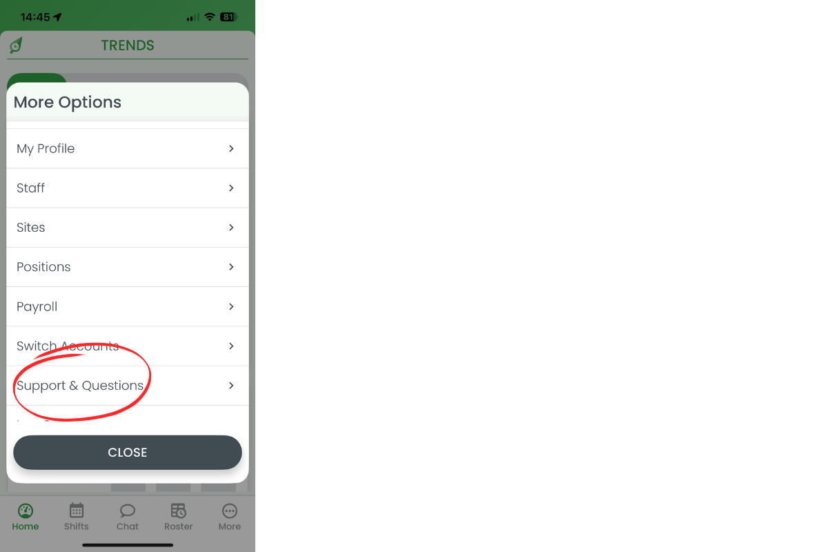 Support and Questions option highlighted in More menu