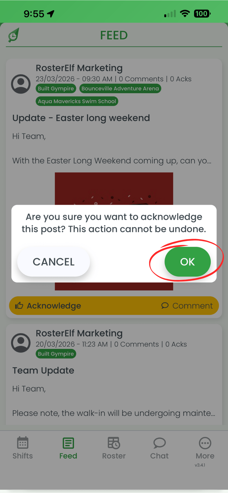 RosterElf smartphone app showing the acknowledgement confirmation screen after pressing Acknowledge