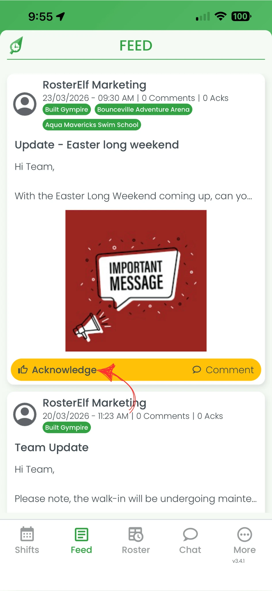 RosterElf smartphone app showing a post with the Acknowledge button highlighted