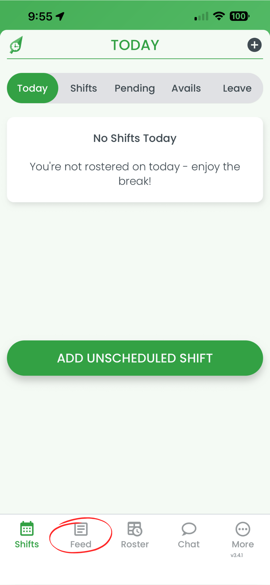 RosterElf smartphone app showing the Feed tab highlighted in the navigation