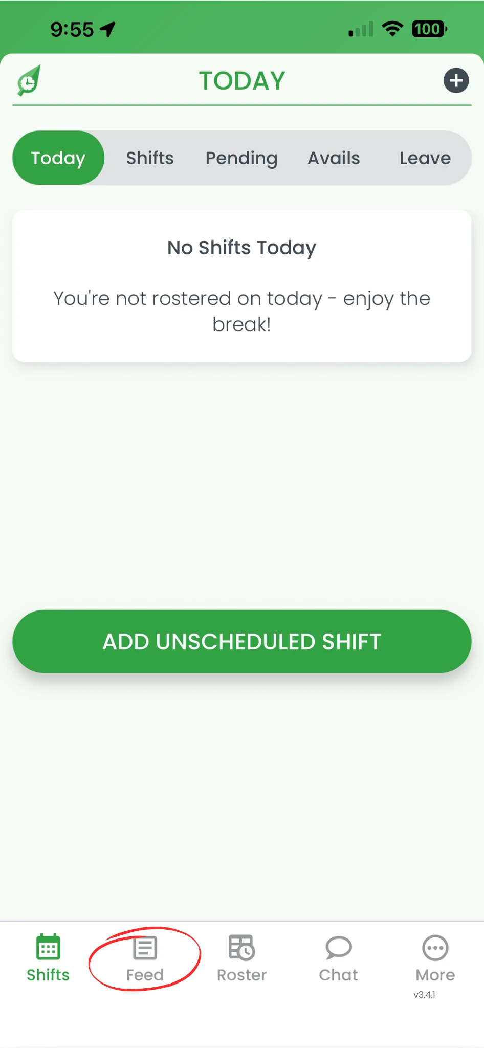 RosterElf smartphone app showing the Feed tab highlighted in the navigation