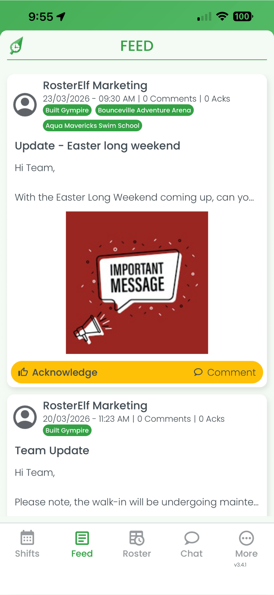RosterElf smartphone app Feed screen showing a newsfeed post that requires acknowledgement