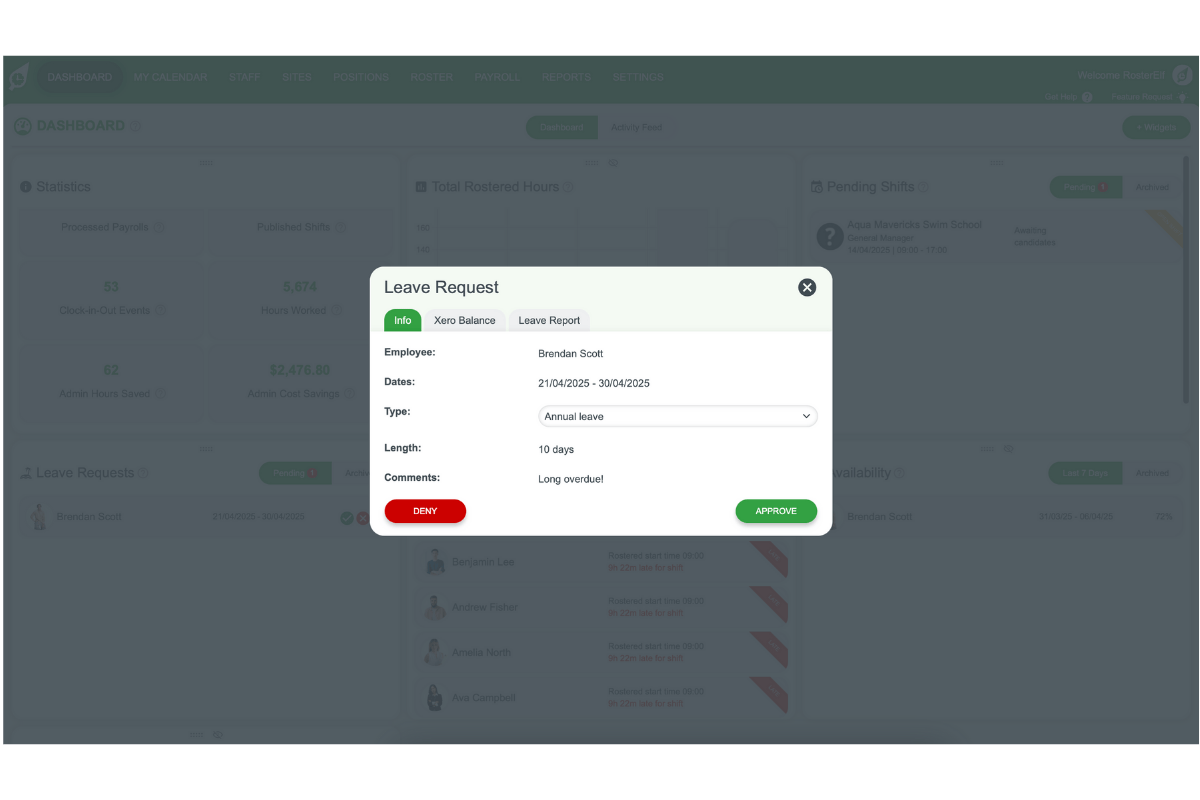 Info tab details of a leave request showing employee name, dates, and type