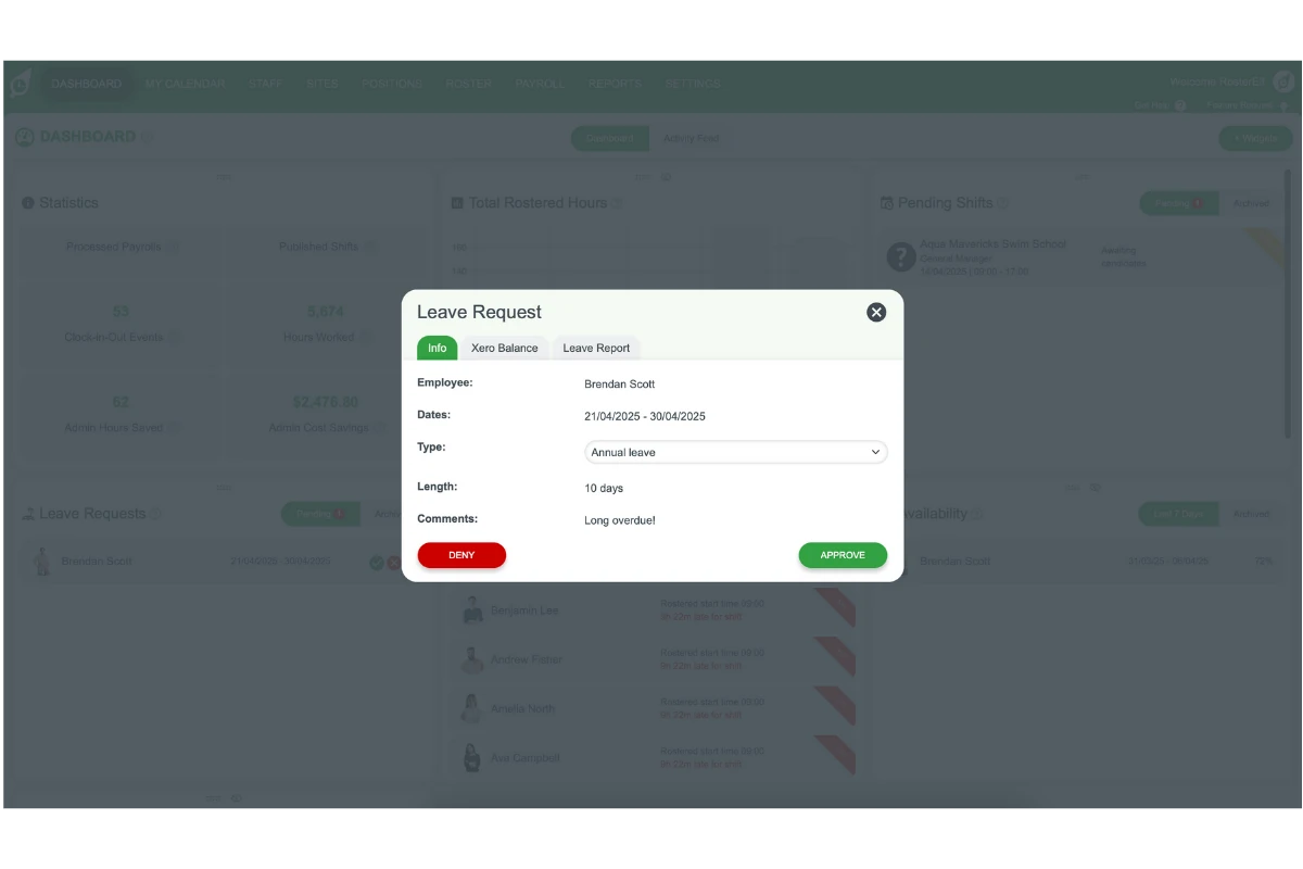 Info tab details of a leave request showing employee name, dates, and type