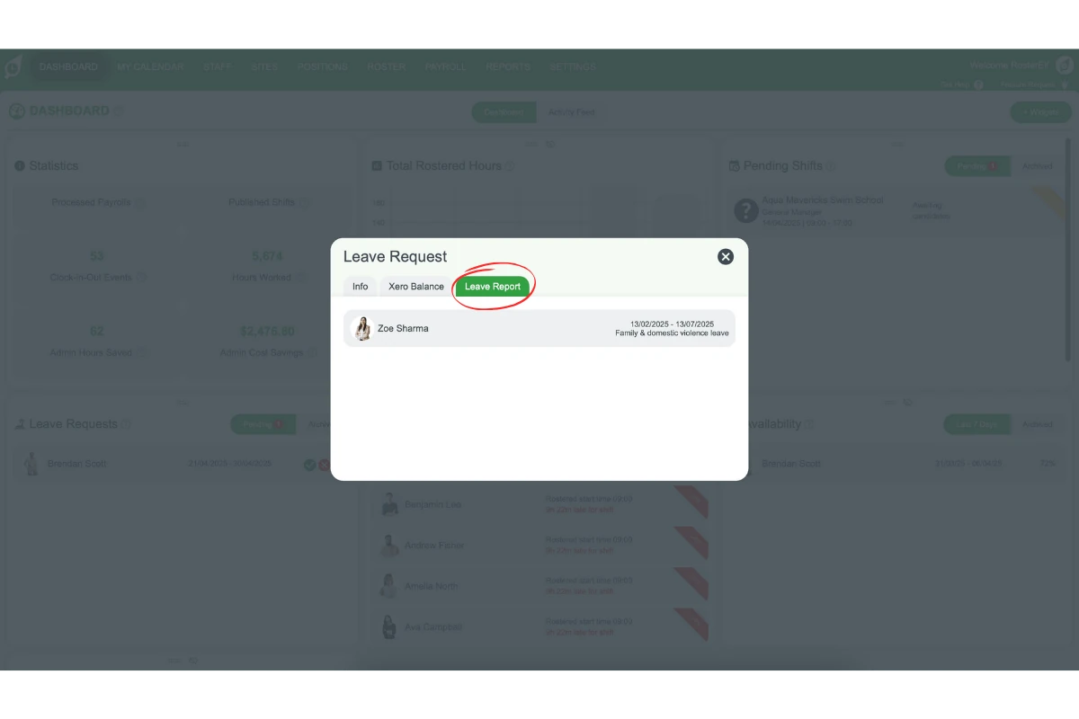 Leave report highlighting overlapping employee leave dates