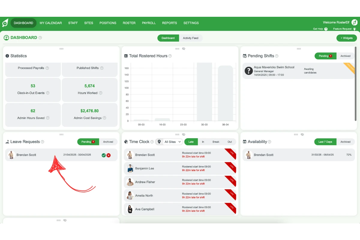 Pending leave request in RosterElf dashboard Leave block
