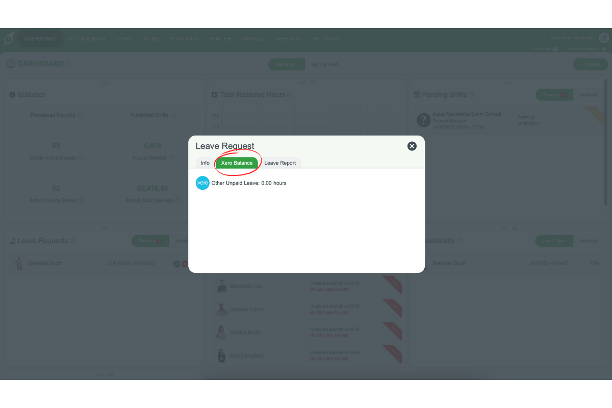 Xero Balance tab showing employee leave entitlements