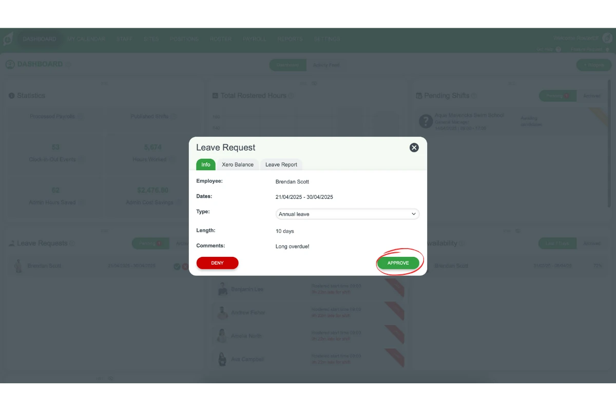 Approve and Deny buttons for leave request