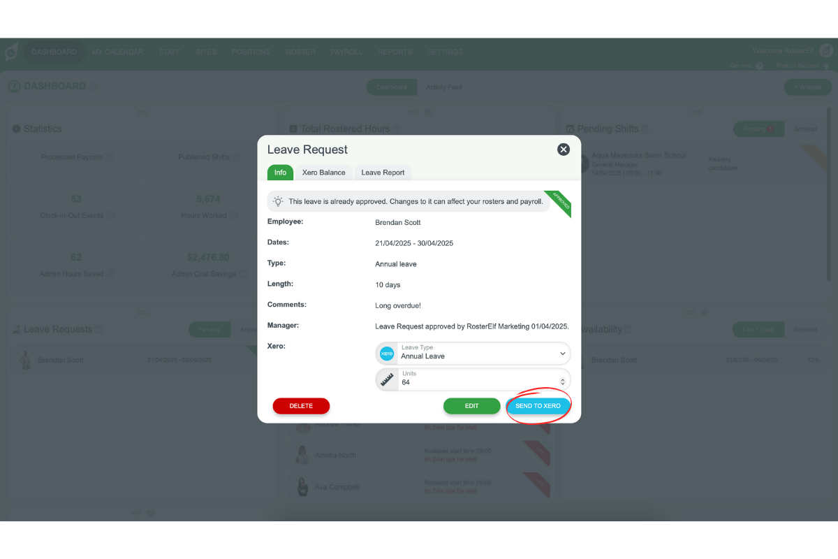 Send to Xero button for approved leave in RosterElf