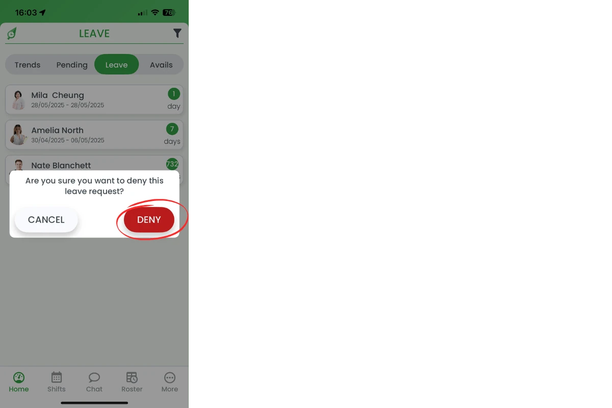 Denial confirmation pop-up with Deny button