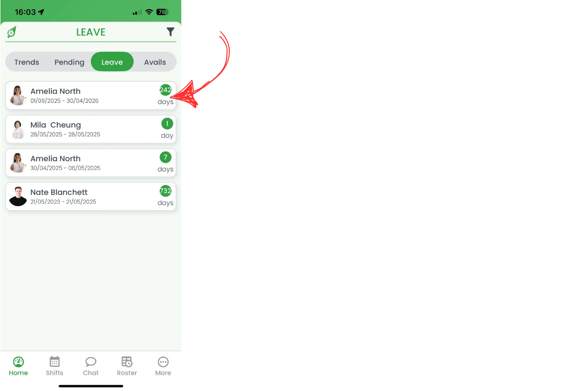 Pending leave requests list with one request selected