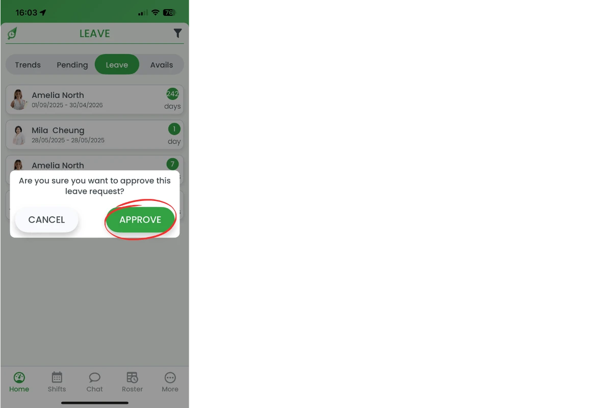 Approval confirmation pop-up with Approve button