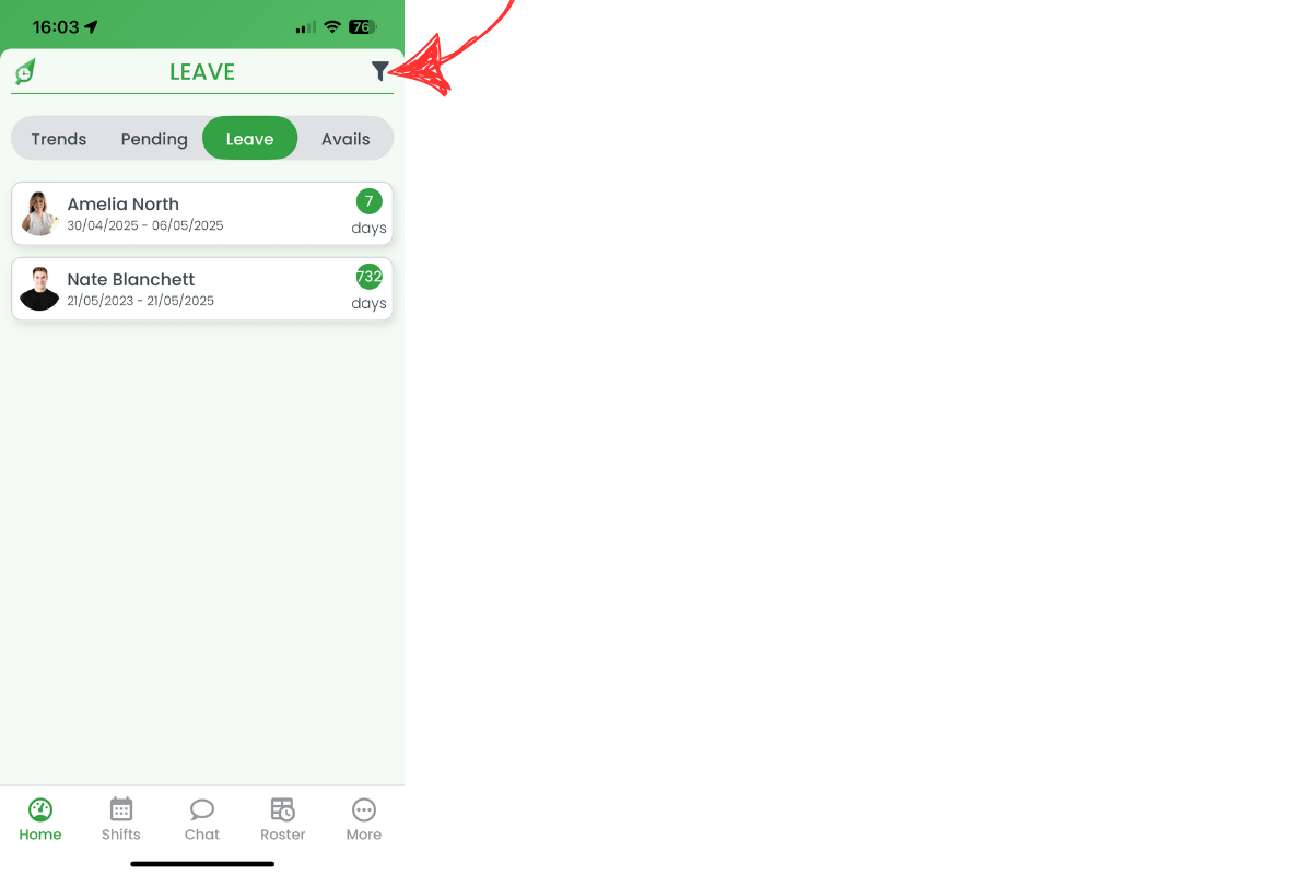 Filter icon highlighted on Leave header