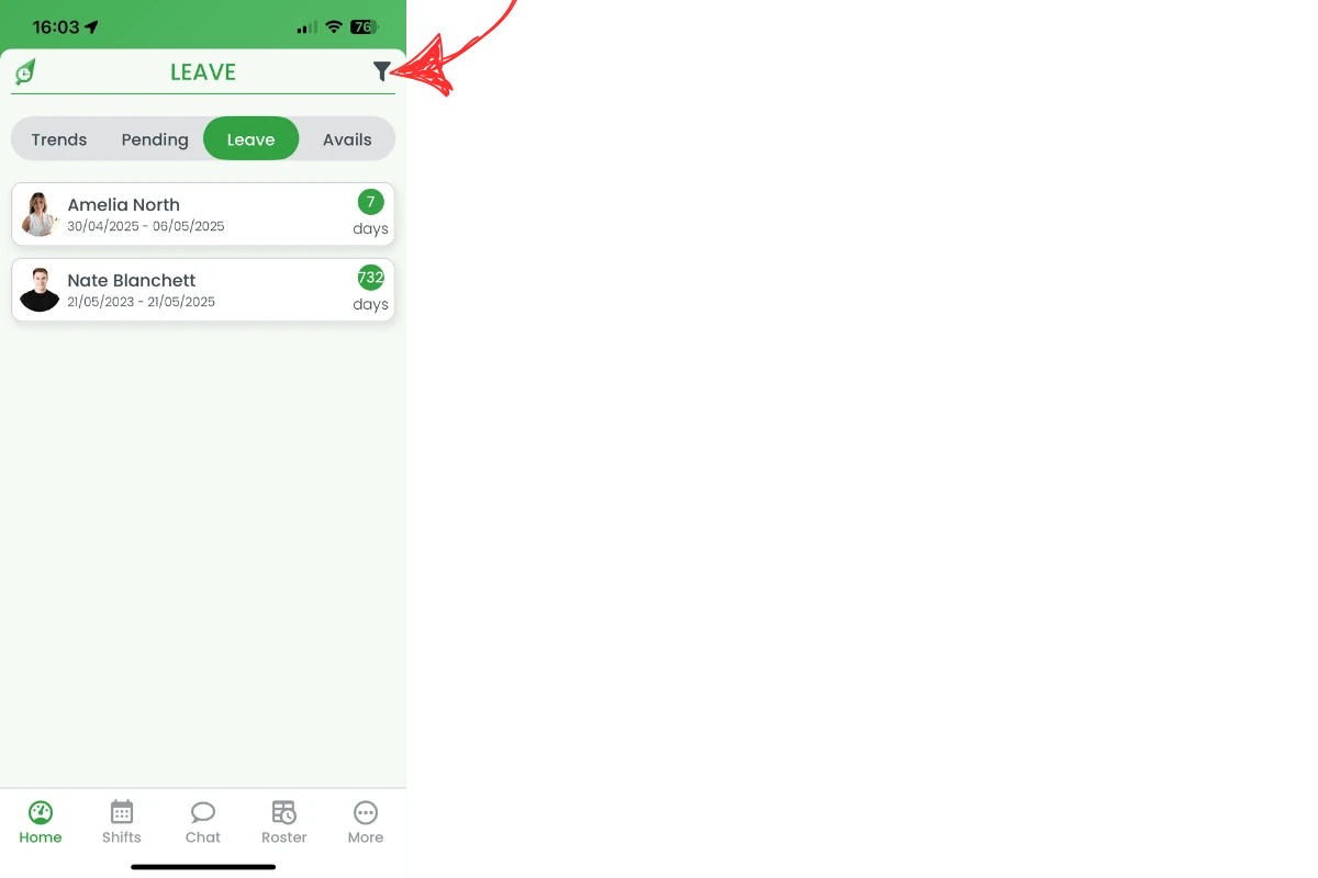 Filter icon highlighted on Leave header