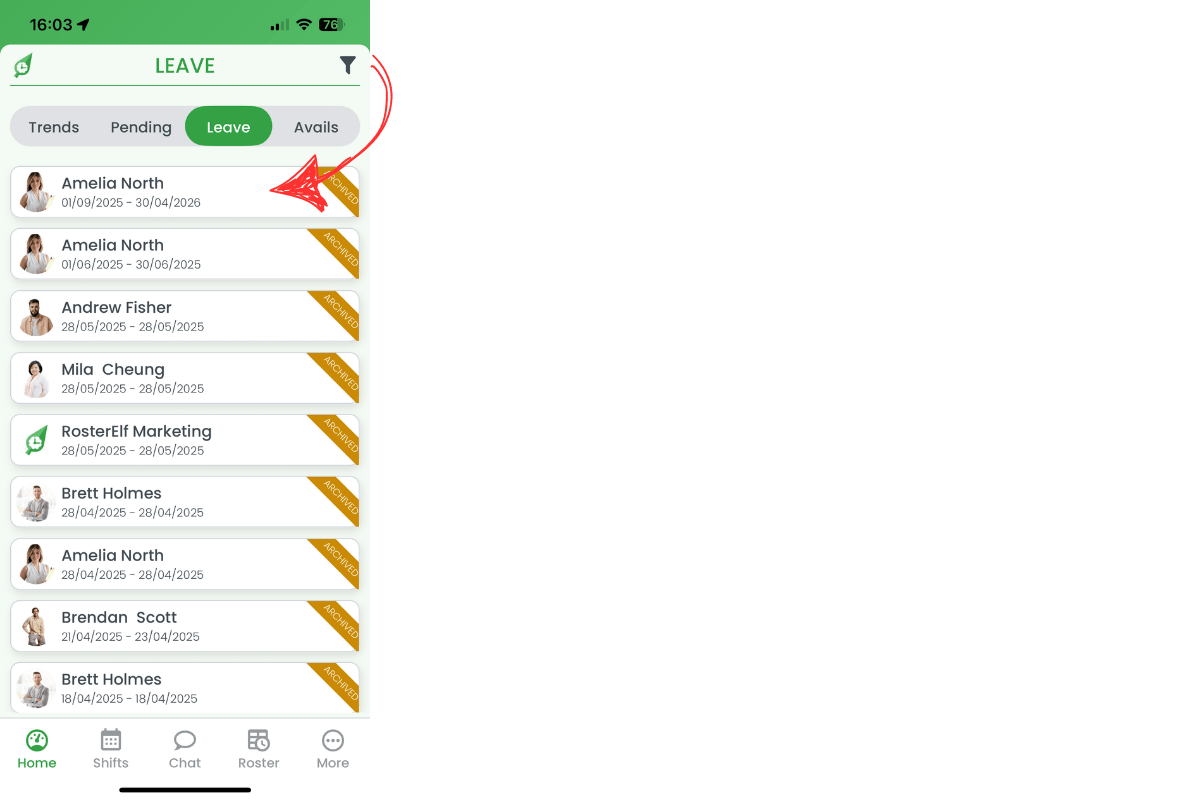Archived leave requests list with one item selected
