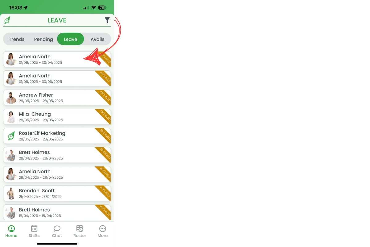 Archived leave requests list with one item selected