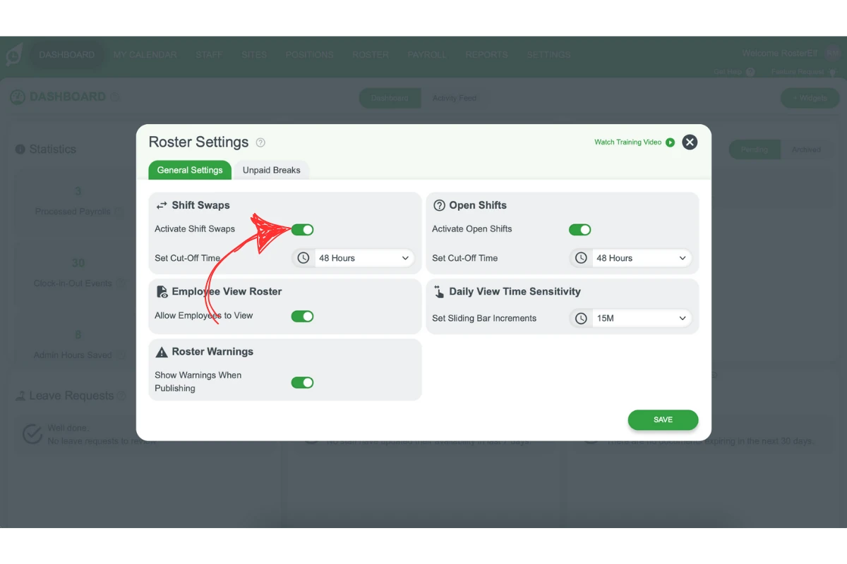 Screenshot illustrating the Shift Swap toggle