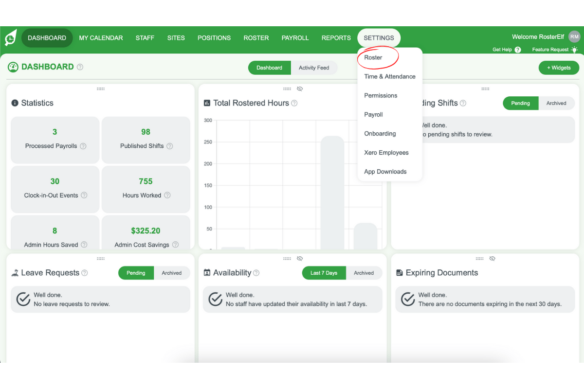 Screenshot showing the Roster option under Settings
