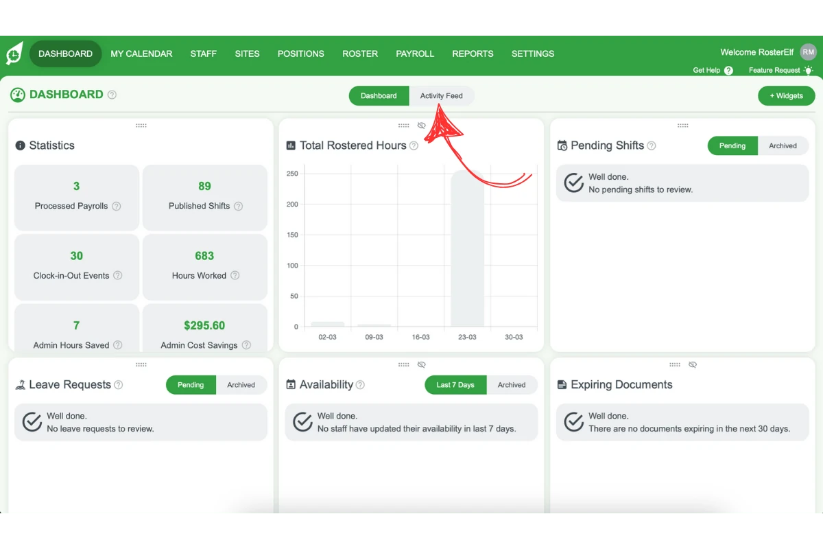 Screenshot showing the toggle in the middle of the RosterElf dashboard header used to open the Activity Feed