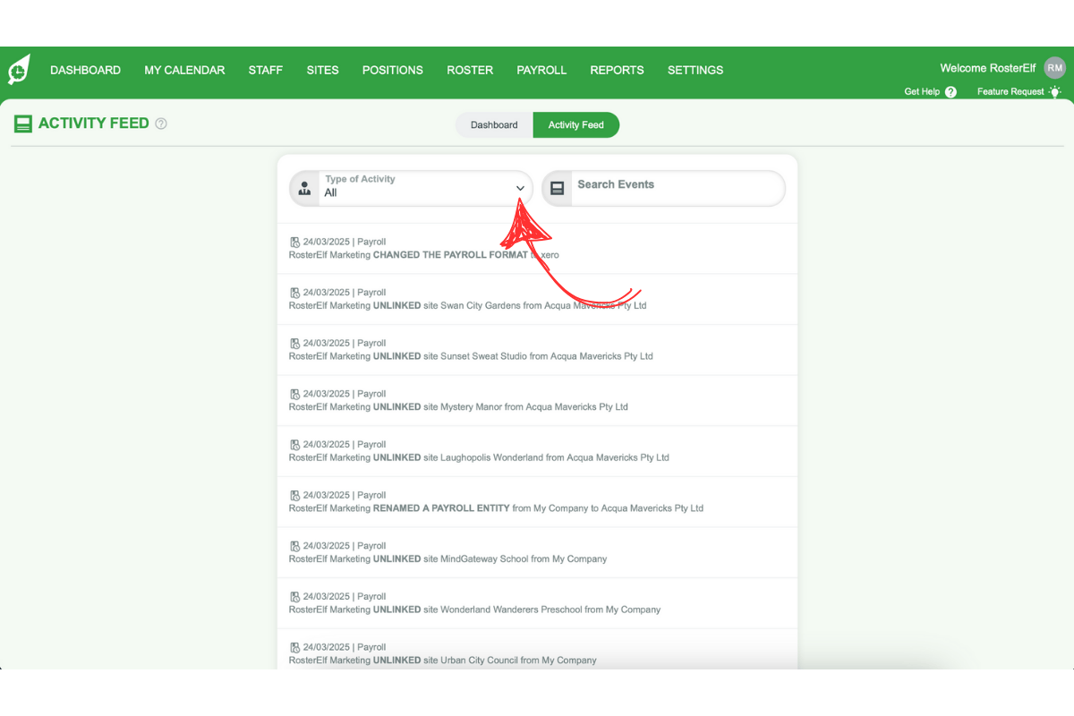 Screenshot showing the Type of Activity dropdown in the feed