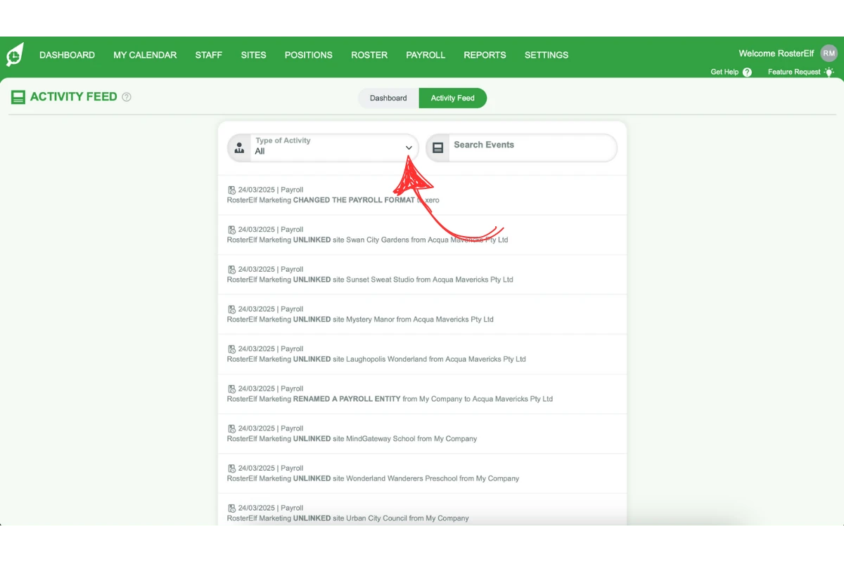 Screenshot showing the Type of Activity dropdown filter in the RosterElf Activity Feed