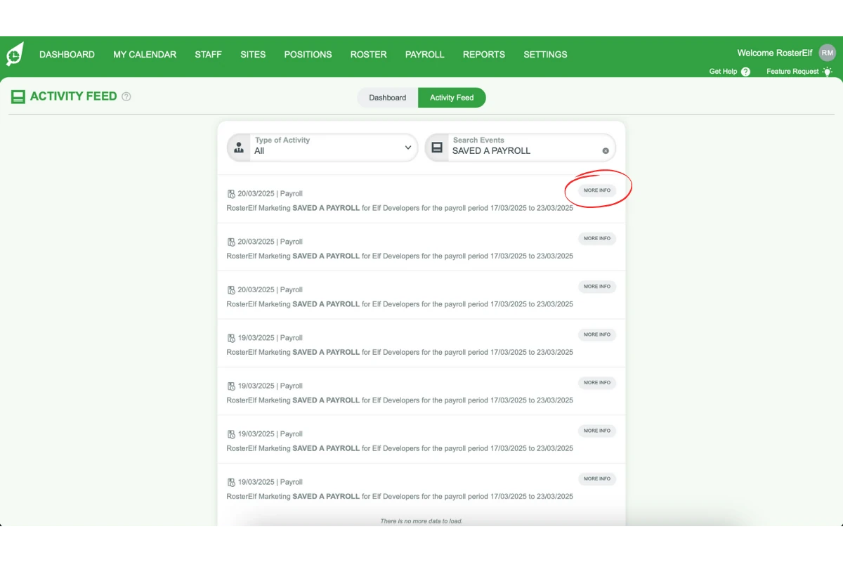 Screenshot indicating the 'More Info' button for an event