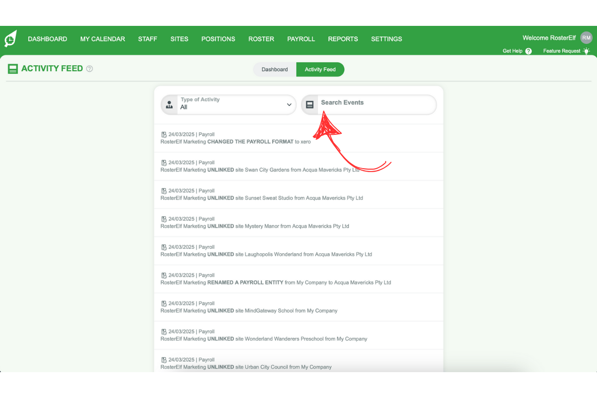 Screenshot demonstrating the search bar in the Activity Feed
