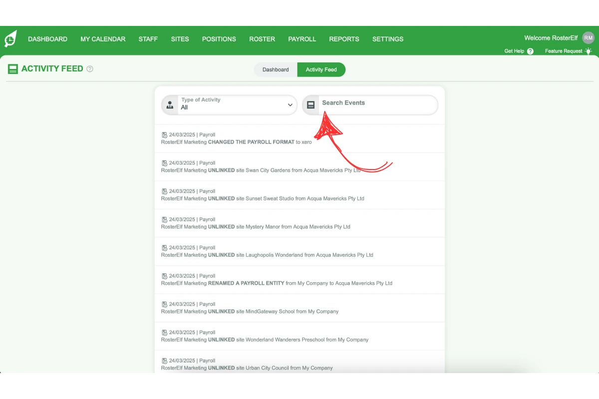 Screenshot demonstrating the search bar in the Activity Feed