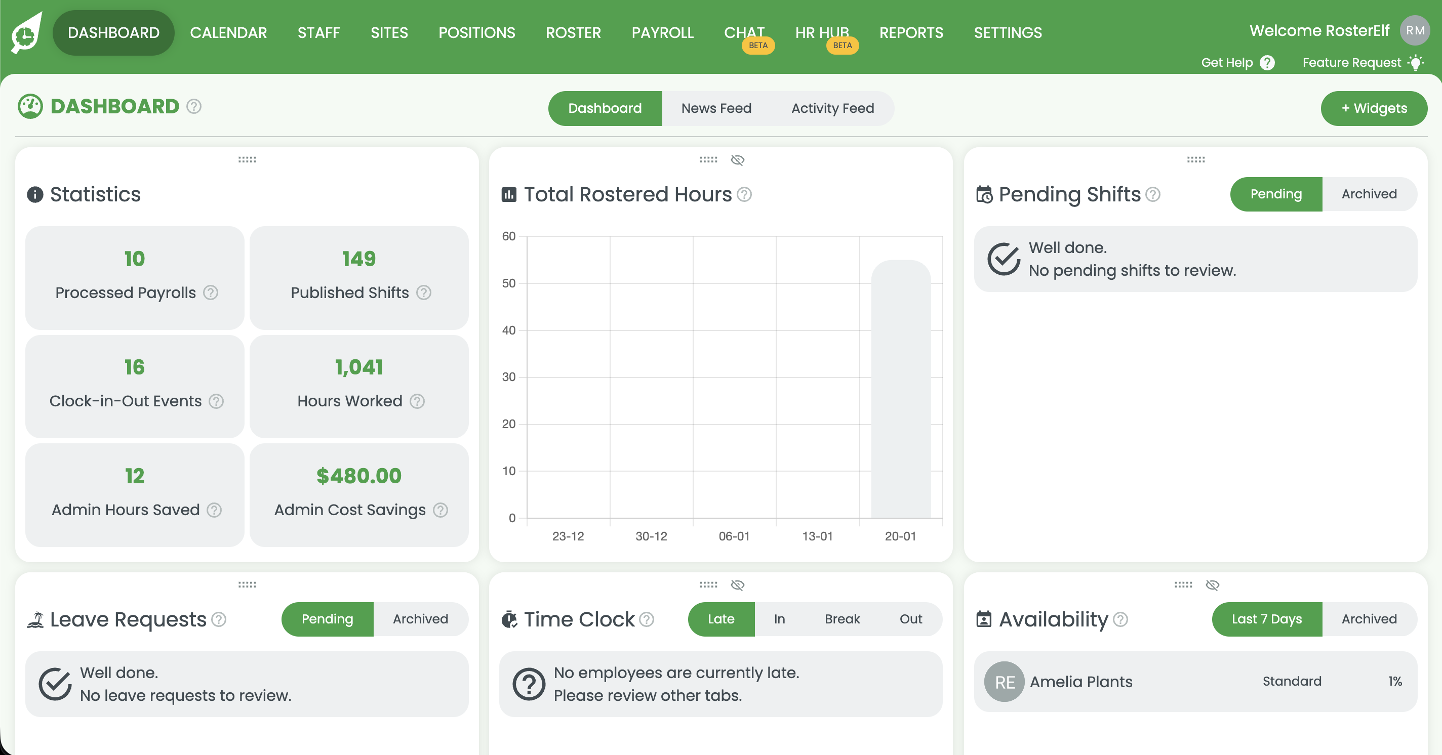 RosterElf main menu showing the Staff tab navigation