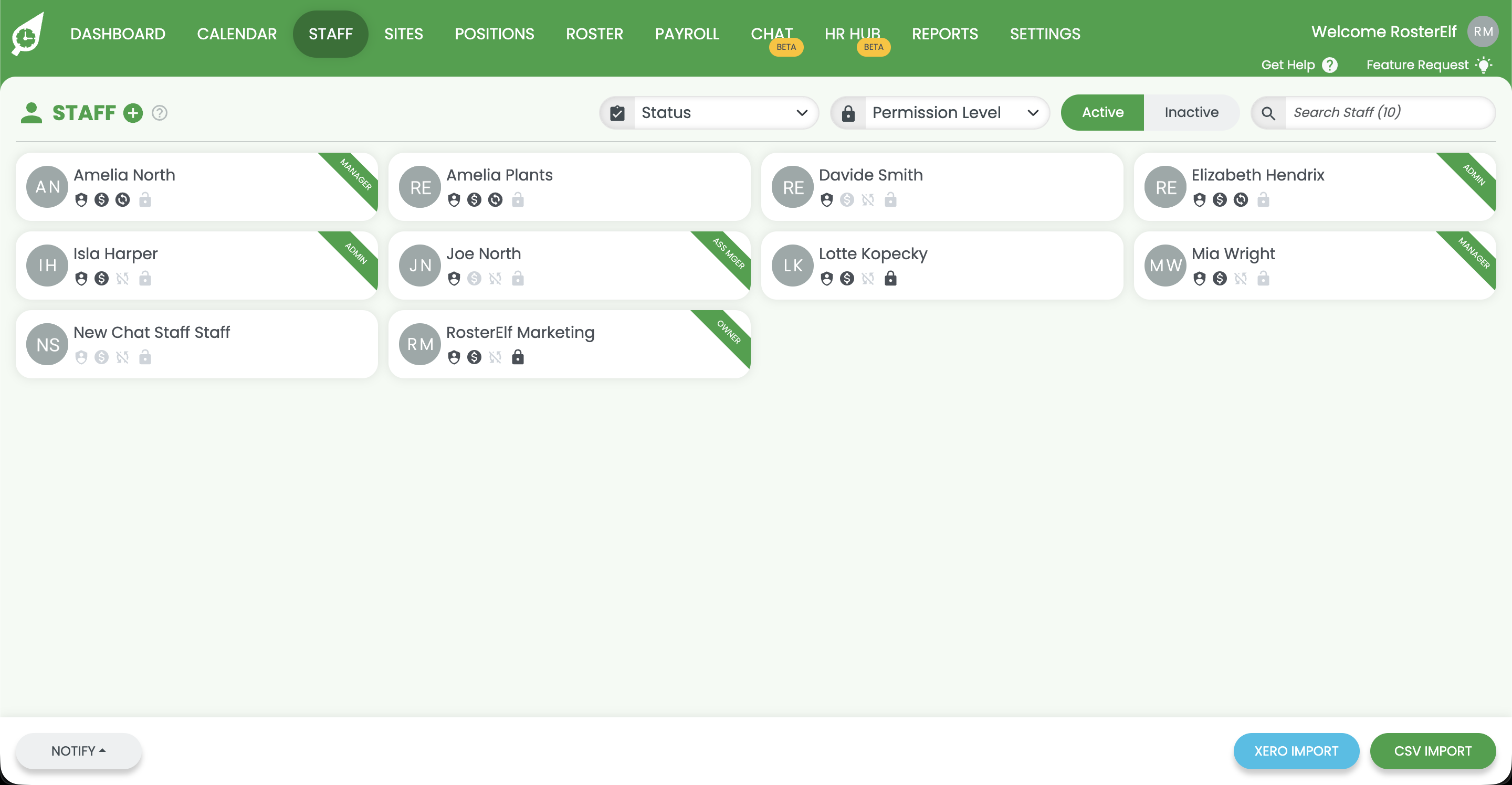 RosterElf staff list showing staff members to select