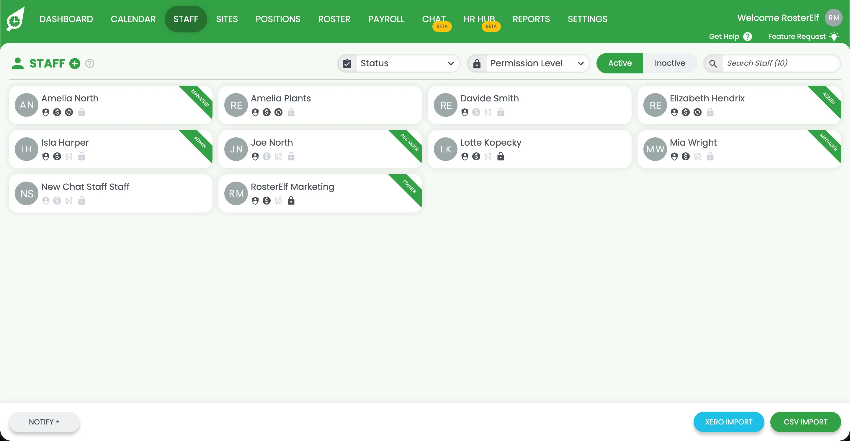 RosterElf staff list showing staff members to select