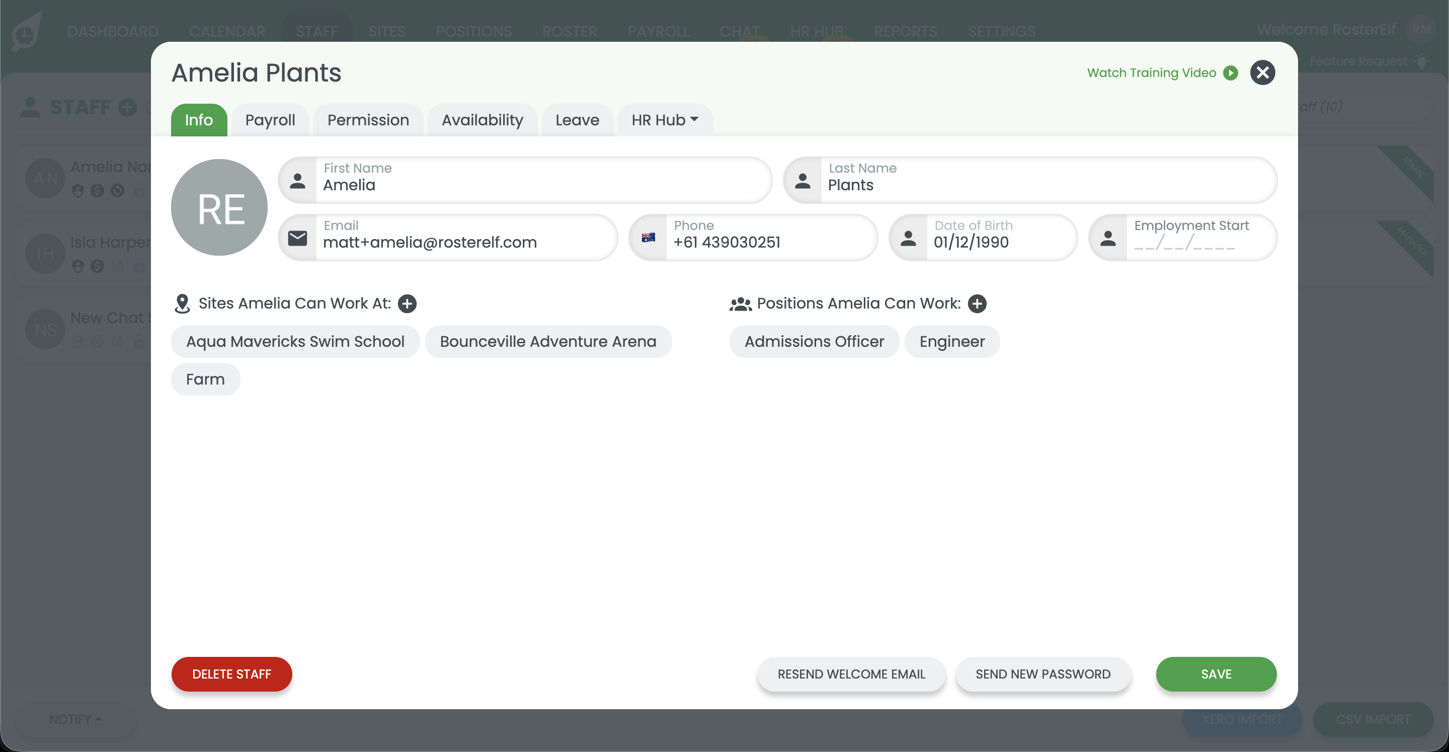 RosterElf staff profile showing the Payroll tab