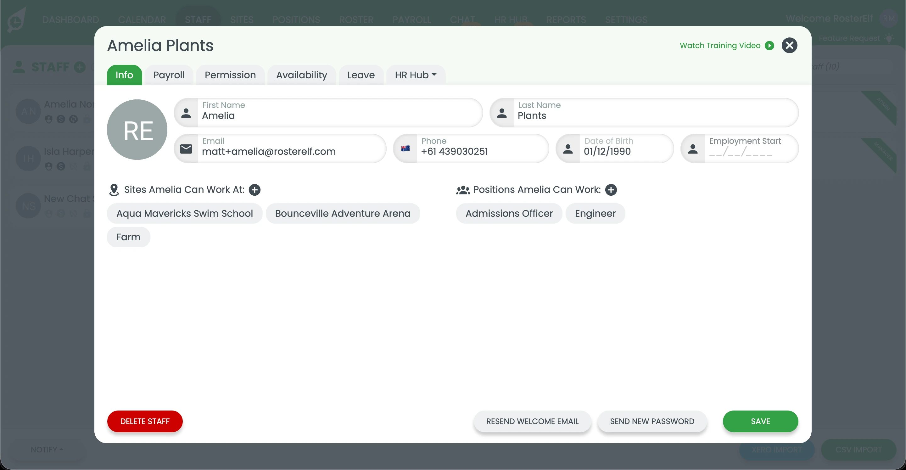 RosterElf staff profile showing the Payroll tab