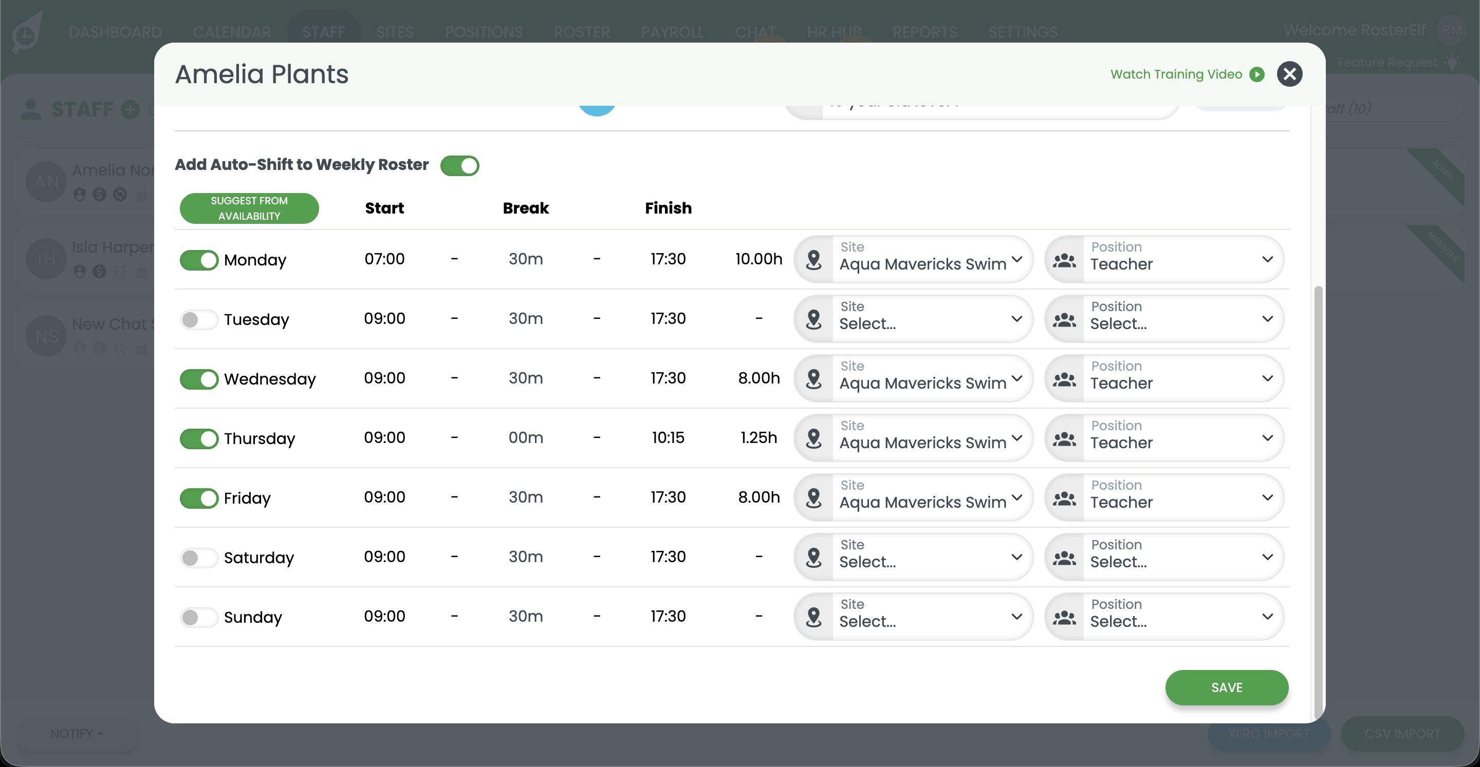 RosterElf payroll settings showing recurring hours fields with save button
